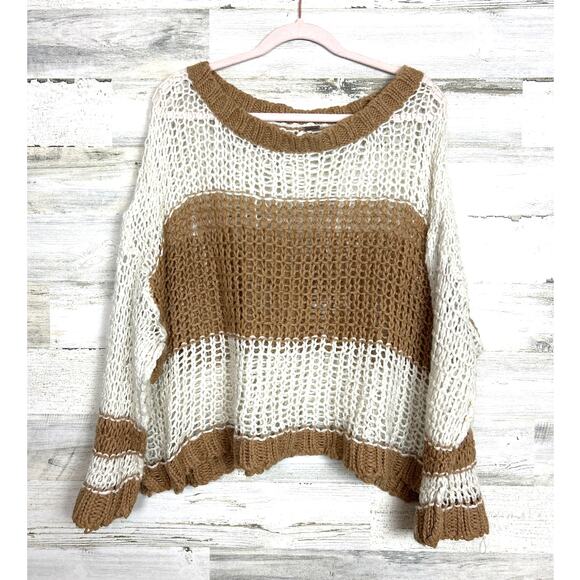 Free People Women’s Large Tan Ivory Colorblock Open Knit Pullover Sweater - Picture 2 of 6